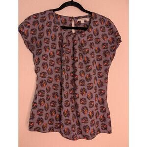 Boden Women's Feather Graphic Blouse Teardrop Cutout 6/M